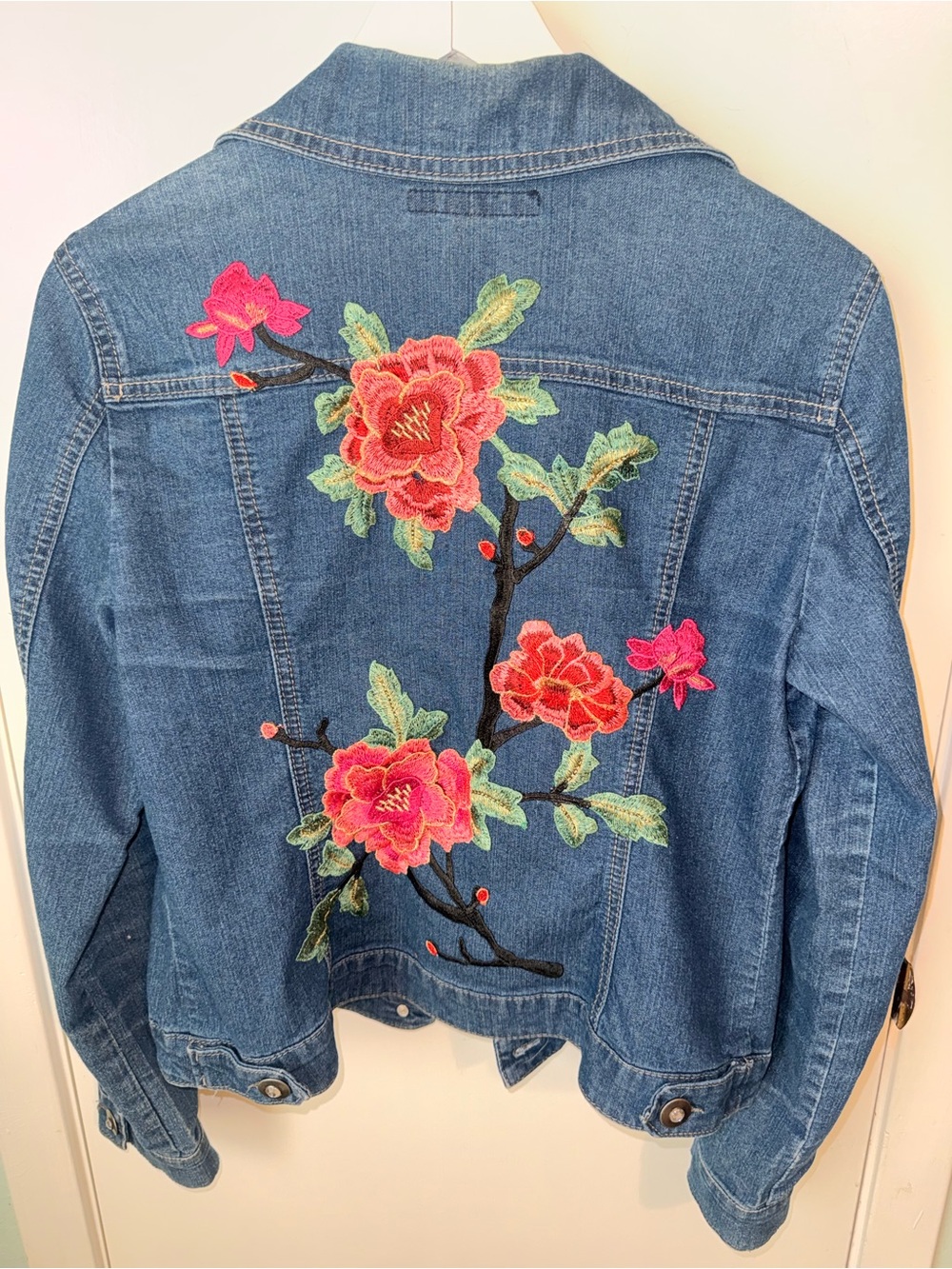 Baccini Blue Denim Jacket with Pink Floral Embroidery